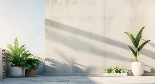 Empty large wall of balcony or roof terrace with soft sunlight and gentle shadows. Potted plants in minimal style.