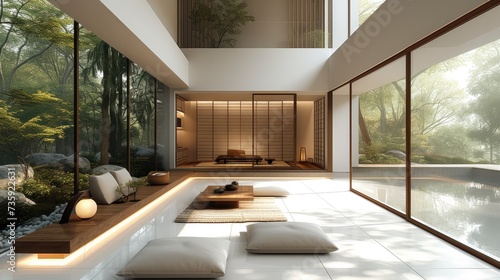 Interior design, a modern Japanese living room combining sleek. Generative AI.