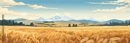 Sunny day rural countryside landscape with wheat fields, panorama vector illustration, agriculture scene