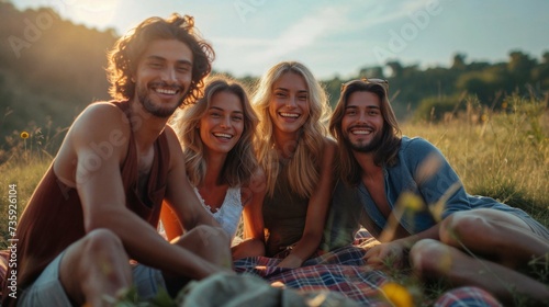groupe d'amis partageant un pique-nique en pleine nature en été