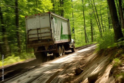 environmental services truck rapidly en route on a forested track