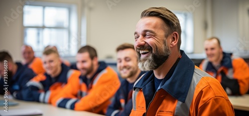 Worker in overalls, smiling in classroom for training