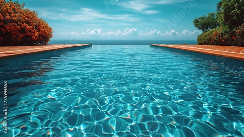 Serene infinity pool bordered by vibrant flora overlooks the ocean, perfect for luxury travel themes or serene summer backgrounds, with a harmonious blend of nature and design inviting text placement