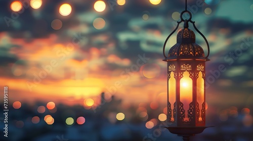 Ramadan Kareem - traditional Arabic lantern with candlelight and sparkling background - celebration of Eid Ul Fitr