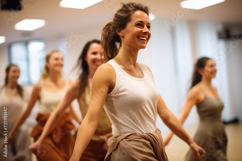 Dance class for women. Happy women repeat the movement after the trainer