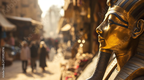 Golden Pharaoh Statue Overlooking Bustling Market Street by Generative AI