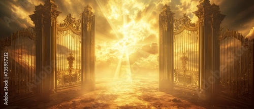 A 3D visualization of heaven's gates, with elegant golden gates opening into a realm of infinite tranquility and shimmering light, surrounded by a heavenly aura