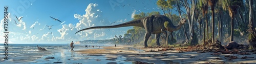 A bustling shoreline during the age of dinosaurs, with colossal sauropods wading through shallow water