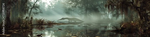 A dense, humid swamp in the dinosaur era, alive with the sounds of croaking amphibians and the rustling of 