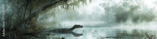 A dense, humid swamp in the dinosaur era, alive with the sounds 