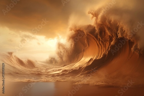 Surreal image of huge waves surrounding dry sand