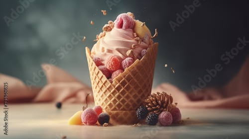 colored ice cream in waffle cones close-up