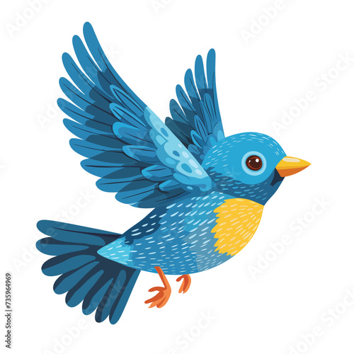 Happy blue bird cartoon flying flat vector isolated.
