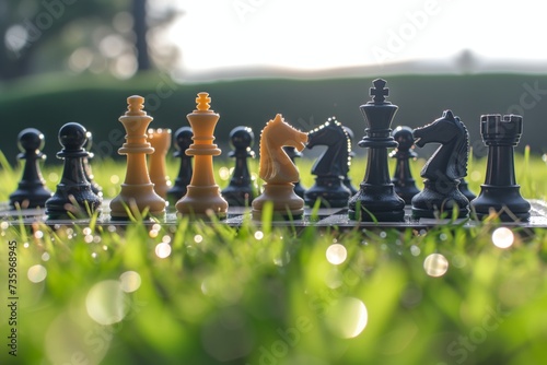 chessboard on grass with pieces aligned, morning dew visible