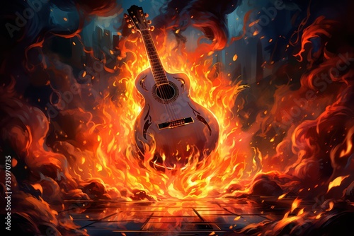guitar on fire in flames. Passion for music. Musical instrument burning.