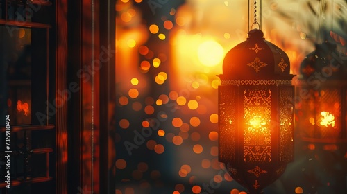 Ramadan Kareem - traditional Arabic lanterns and window with crescent moon and star at sunset - bokeh effect - Eid ul Fitr celebration