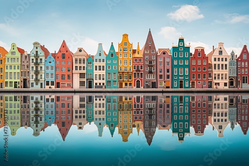 a row of colorful buildings with a body of water