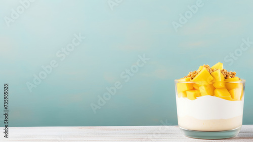Tropical mango and pineapple parfait. Parfait with yogurt, mango and granola