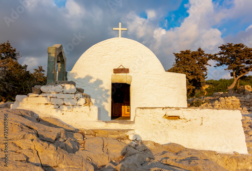 Monolithos castle church at sunset, Rhodes island, Greece
