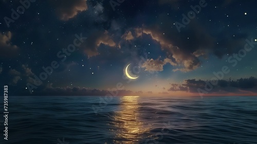 Crescent moon shining over dark sky with stars and lanterns, Ramadan celebration concept