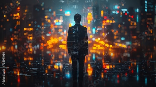 The concept of a business technology, with a professional businessman walking on the future Pattaya city background at night with a futuristic interface graphic in a cyberpunk color scheme