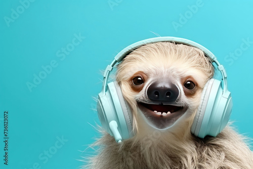 Adorable sloth monkey portrait enjoying music, radiating happiness.Listen a music in headphones ona blue background with space for text.