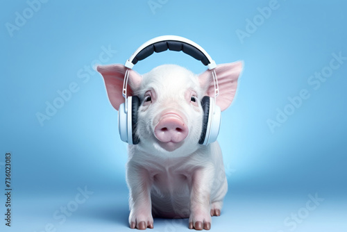 Adorable pig baby portrait enjoying music, radiating happiness.Listen a music in headphones ona blue background with space for text.