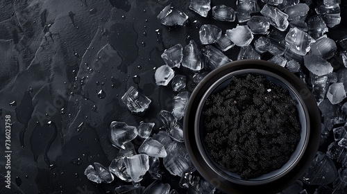 Exquisite black fish caviar beautifully presented on an icy black backdrop.