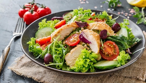 tasty fresh salad with chicken and vegetables