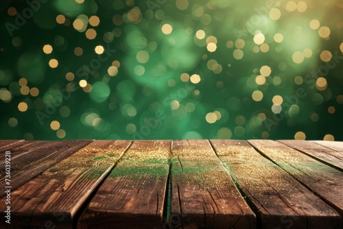 Empty beautiful wooden tabletop and blurred bokeh modern café interior background on Saint Patrick’s day eve 