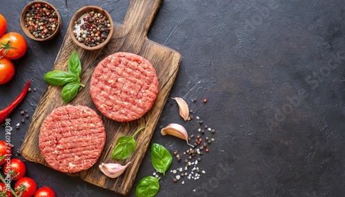 fresh raw hamburger patties or cutlet on brown board ready to cook on black textured background minced beef steak burgers with spices top view place for text