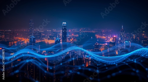 Double exposure of smart city technology concept with digital blue wavy wires and antennas against a nighttime megapolis city skyline.