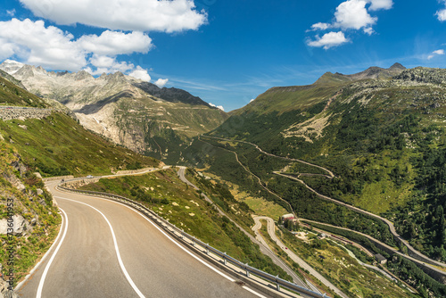 Serpentines of the Grimsel and Furka Pass roads, view of the village of Gletsch and the Upper Rhone Valley, Obergoms, Canton of Valais, Switzerland