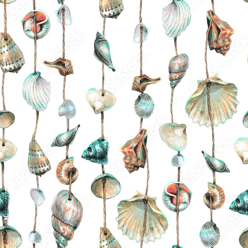 Various seashells are round, spiral, suspended on ropes. Marine garlands for decoration. Hand drawn watercolor illustration. Seamless pattern on a white background.
