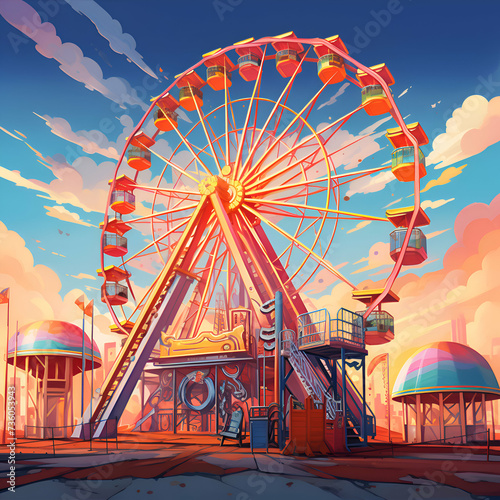 Amusement park with ferris wheel at sunset. Cartoon illustration