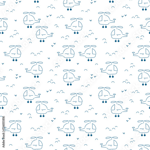 Cute Cartoon Helicopter and Clouds Seamless Pattern for Baby Boy. Line Art Flying Helicopters for Kids Fashion. Vector illustration.