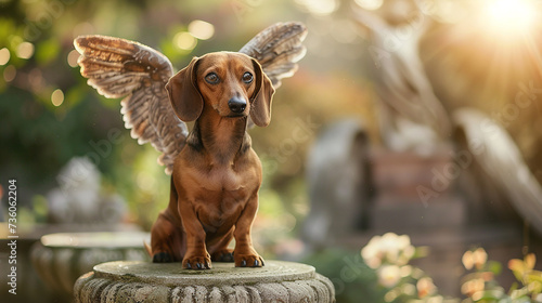 Dachshund com asas de anjo em uma área externa de um lindo parque angelical