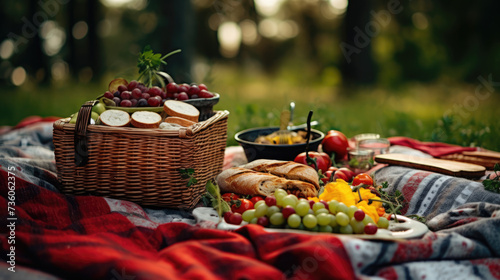 Picnic basket with fruit and bakery in garden.