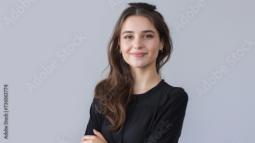 Retrato de uma jovem bonita e sorridente com os braços cruzados isolado de fundo branco