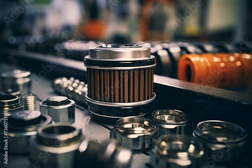 Close-up shot of a shiny new oil filter, waiting to be installed in an engine, surrounded by an array of mechanical tools in a bustling auto repair shop
