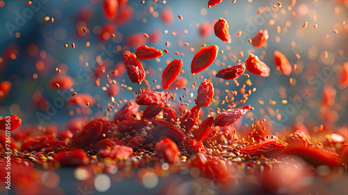 A dynamic close-up shot capturing vibrant goji berries and seeds mid-air, with a blurred background emphasizing movement and vitality. 