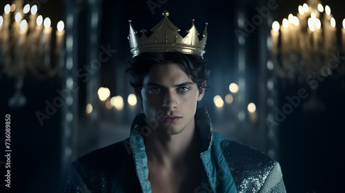  handsome brunette with blue eyes wearing a crown. fantasy prince or king. 