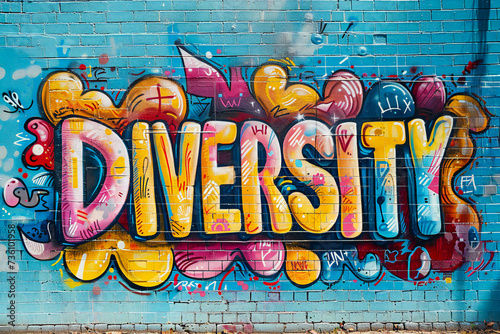Graffiti with the word DIVERSITY sprayed on a brick wall on the street.