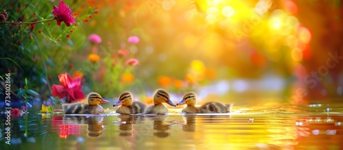 Two cute ducks swimming gracefully in a serene pond surrounded by vibrant flowers