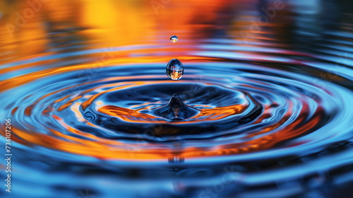 A water droplet creates a perfect ripple on water with sunset colors reflecting, symbolizing calmness and purity.