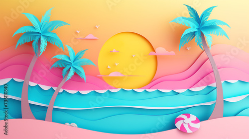 Abstract colorful background of the beach. Summer, paper art concept. Copy space