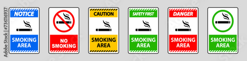 Smoking area, no smoking caution forbidden sign collection. No smoking and smoking area labels