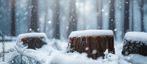 Serene winter scene of snow covered tree stump in peaceful forest wilderness