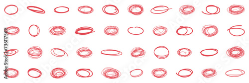 Red hand drawn circle element collection. Set of circular stroke for highlighting text. Grunge round scribble element collection