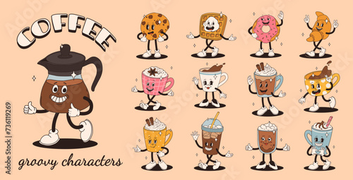 Retro groovy set with coffee mascot, cartoon characters, funny colorful doodle style characters, cappuccino, cocoa, latte, espresso and americano. Vector illustration on beige isolated background.
